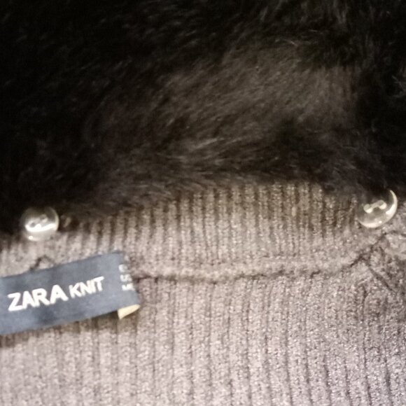 Zara Knit Gray Ribbed Cropped Cardigan With Removable Faux Fur Collar M - Picture 5 of 6